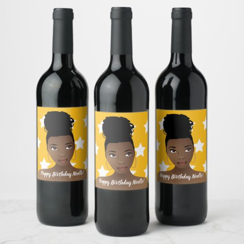 Happy Birthday Natural Beauty White Stars Gold  Wine Label