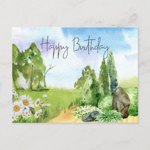 Happy Birthday Nature Landscape and Daisy Flowers  Postcard