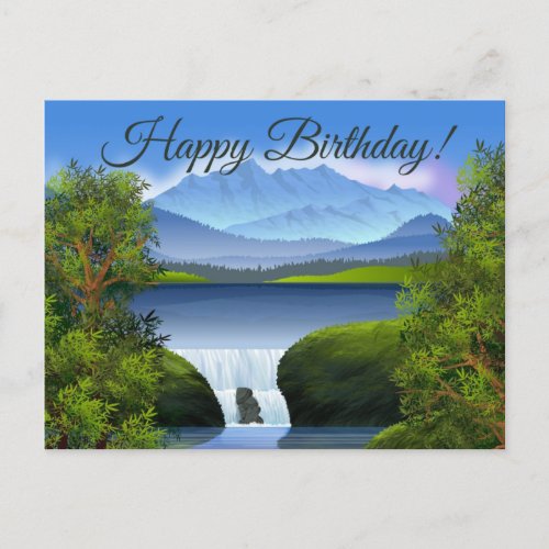Happy Birthday Nature Mountain Landscape Waterfall Holiday Postcard