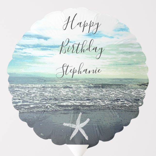 Happy Birthday Nautical Starfish Custom Name Beach Balloon (Front)