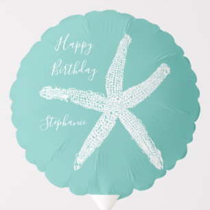 Happy Birthday Nautical Starfish Teal Blue Elegant Balloon