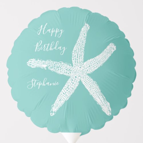 Happy Birthday Nautical Starfish Teal Blue Elegant Balloon