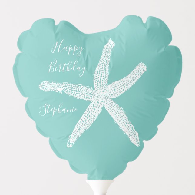Happy Birthday Nautical Starfish Teal Blue Heart Balloon (Front)