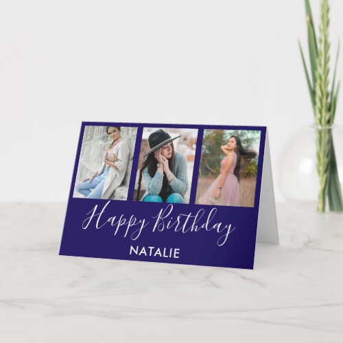 Happy Birthday Navy Blue and White 3 Photo Collage Card