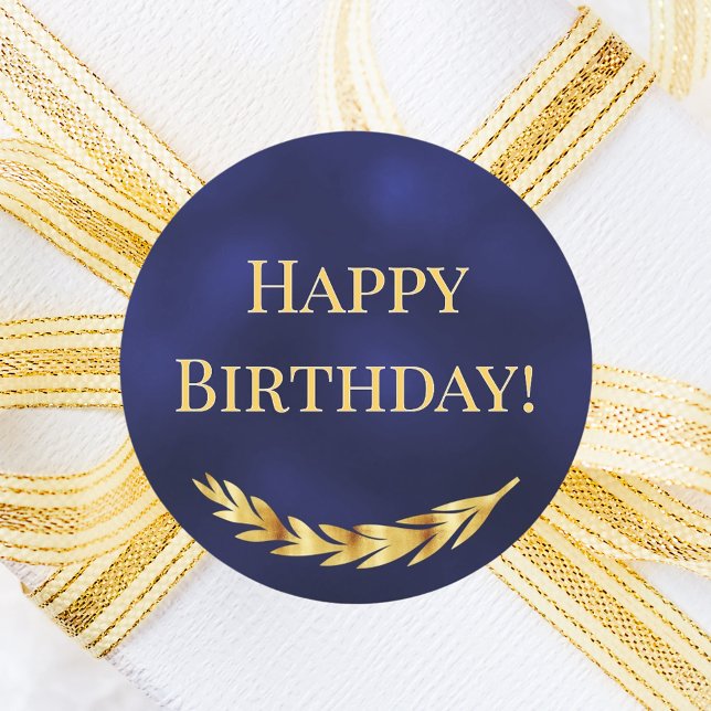 Happy Birthday navy blue gold decor Classic Round Sticker (Creator Uploaded)