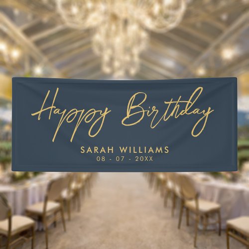 Happy Birthday Navy Blue Gold Modern Script Banner