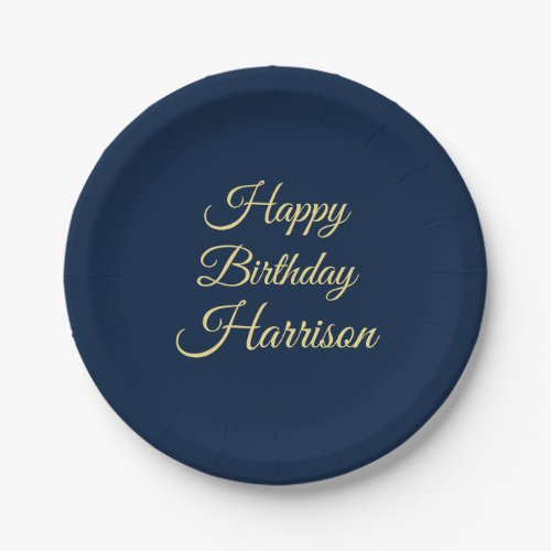 Happy Birthday navy blue gold script custom name Paper Plates