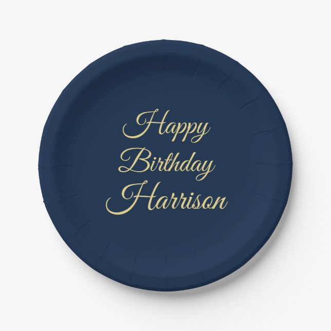 Happy Birthday navy blue gold script custom name Paper Plates (Front)