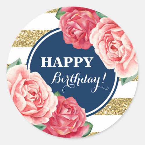 Happy Birthday Navy Blue Gold Stripes Pink Floral Classic Round Sticker