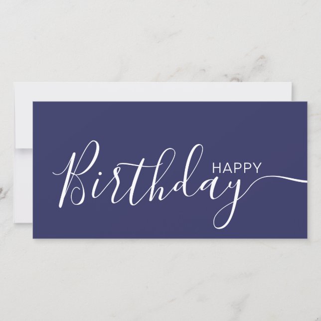 Happy Birthday Navy Blue White Modern Flat Card (Front)