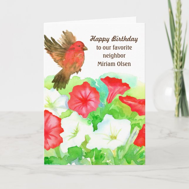 Happy Birthday Neighbor Red Petunias Finch Bird Card (Front)