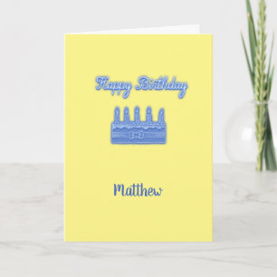 Happy Birthday Neon Blue Text with Cake Custom Card