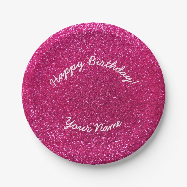Happy Birthday neon hot pink glitter Paper Plates (Front)