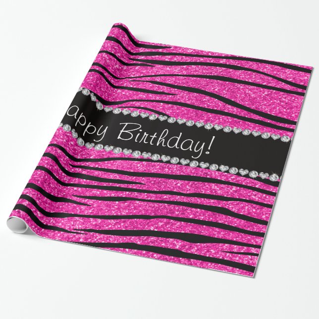 Happy birthday neon hot pink glitter zebra stripes wrapping paper (Unrolled)