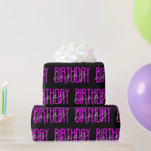 Happy Birthday Neon Pink on Black Wrapping Paper