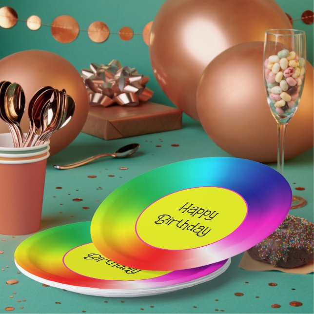 Happy Birthday Neon Rainbow Vortex Paper Plates (Multi)