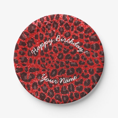 Happy Birthday neon red glitter leopard Paper Plates