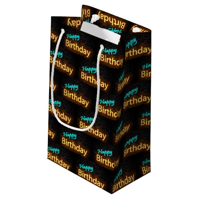 Happy Birthday neon sign on brick Small Gift Bag (Back Angled)