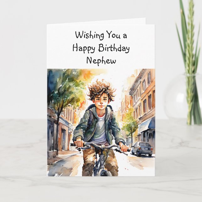 Happy Birthday Nephew | Boy on Bike in City Card (Front)