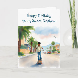 Happy Birthday Nephew Boy on Bike in City Card
