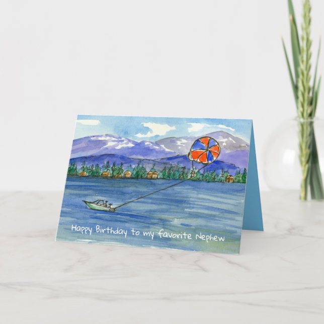 Happy Birthday Nephew Parasailing Mountain Lake Card (Front)