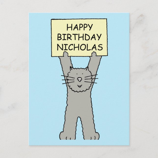Happy Birthday Nicholas Cartoon Cat Postcard (Front)