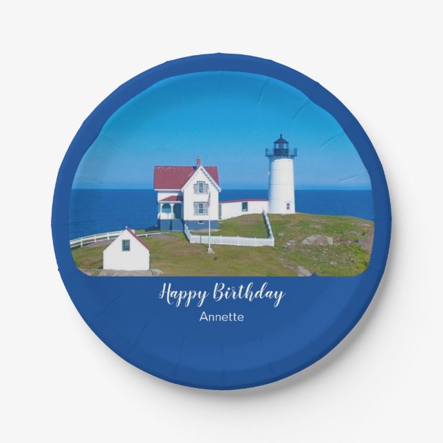 Happy Birthday Nubble Lighthouse Paper Plates (Front)