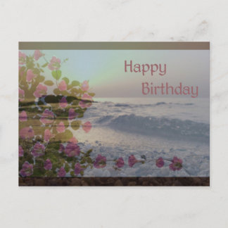 Happy Birthday - Ocean & Bougainvillea flowers Postcard
