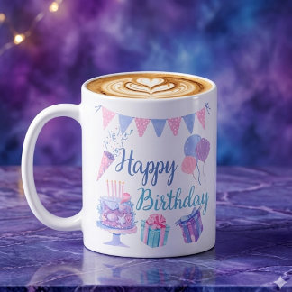 Happy Birthday – Ocean-Inspired Cake and Balloons Coffee Mug