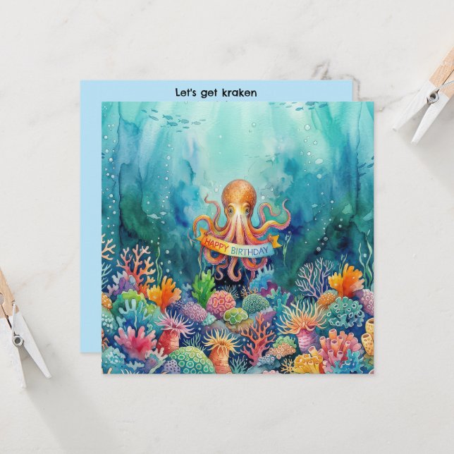 Happy Birthday Octopus Ocean Sea Life Water Fish Invitation (Front/Back In Situ)