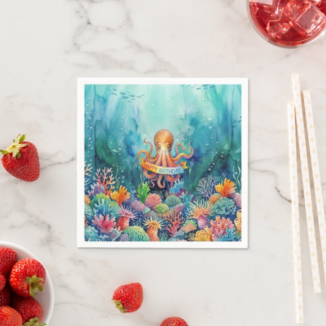 Happy Birthday Octopus Ocean Sea Life Water Fish Napkins (Insitu)