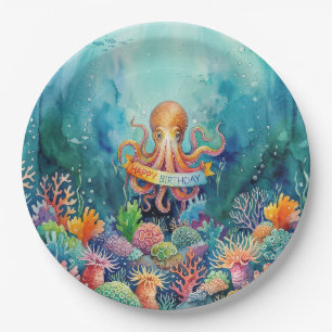 Happy Birthday Octopus Ocean Sea Life Water Fish Paper Plates