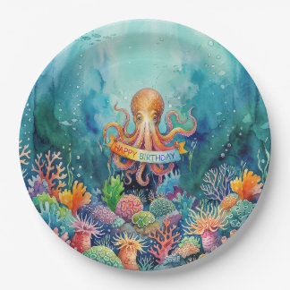 Happy Birthday Octopus Ocean Sea Life Water Fish Paper Plates
