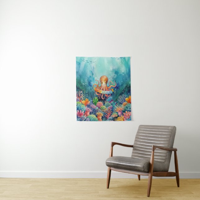 Happy Birthday Octopus Ocean Sea Life Water Fish Tapestry (In Situ)