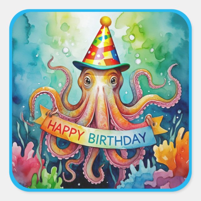 Happy Birthday Octopus Party Hat Watercolor Design Square Sticker (Front)