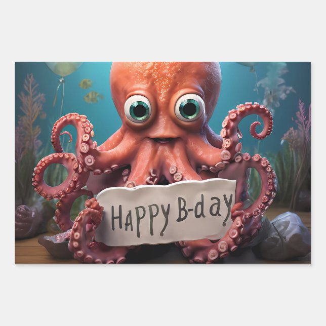 Happy Birthday Octopus Wrapping Paper Sheets (Front)