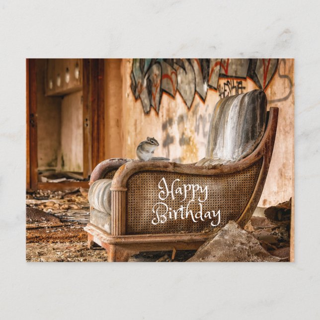 Happy Birthday Old Vintage Chair and Chipmunk  Postcard (Front)