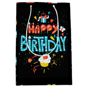 Happy Birthday on Black Medium Gift Bag
