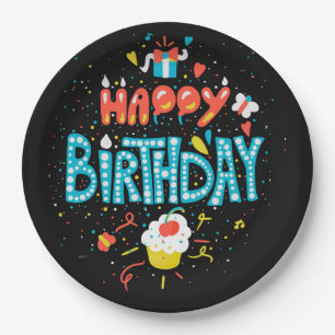 Happy Birthday on Black Paper Plates