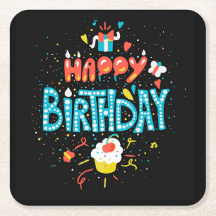Happy Birthday on Black Square Paper Coaster