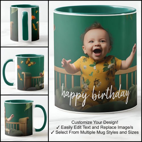 Happy Birthday One Photo Template With Fancy Text  Mug