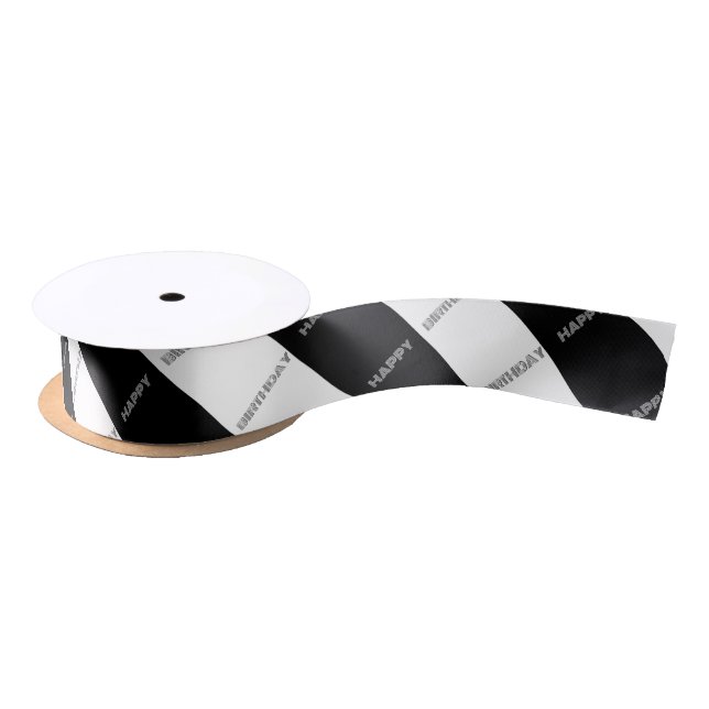 Happy Birthday Op Art Black White Diagonal Striped Satin Ribbon (Spool)