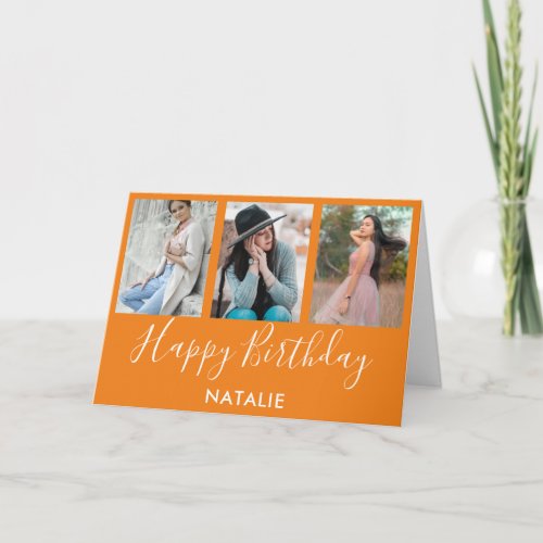 Happy Birthday Orange and White 3 Photo Collage Card