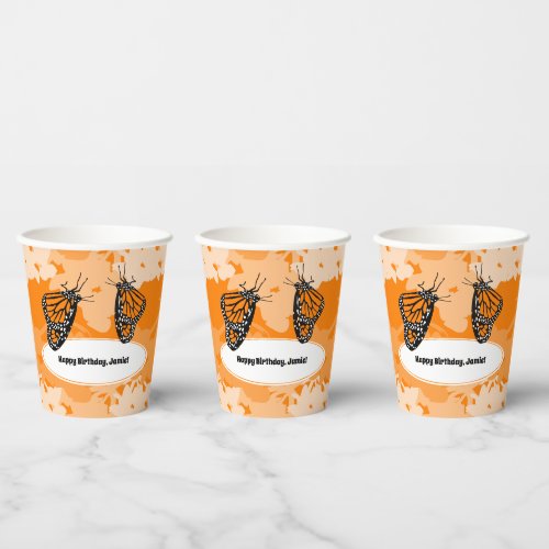 Happy Birthday Orange Monarch Butterfly Paper Cups