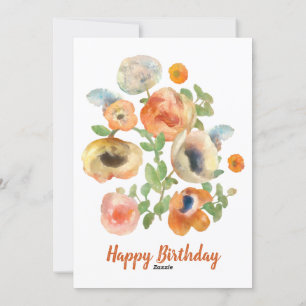 Happy Birthday Orange Spring Flowers Holiday Card