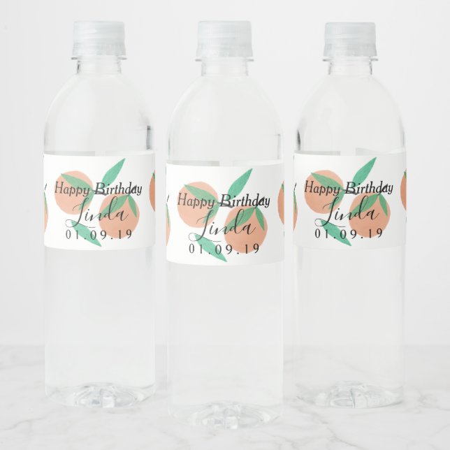 Happy Birthday  Oranges Script Party Water Bottle Label (Bottles)