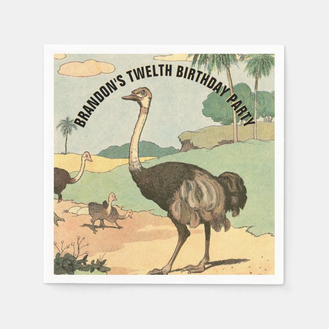 Happy Birthday Ostrich Illustrated Party Napkins (Front)