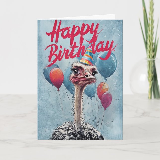 Happy Birthday Ostrich with Party Hat Balloons Card (Front)