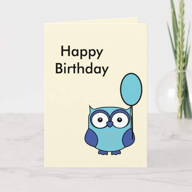 Happy Birthday Owl Blue and Aqua Card (Front)