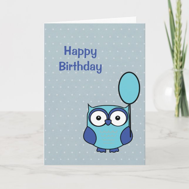 Happy Birthday Owl Blue and Aqua Card Polka Dots (Front)